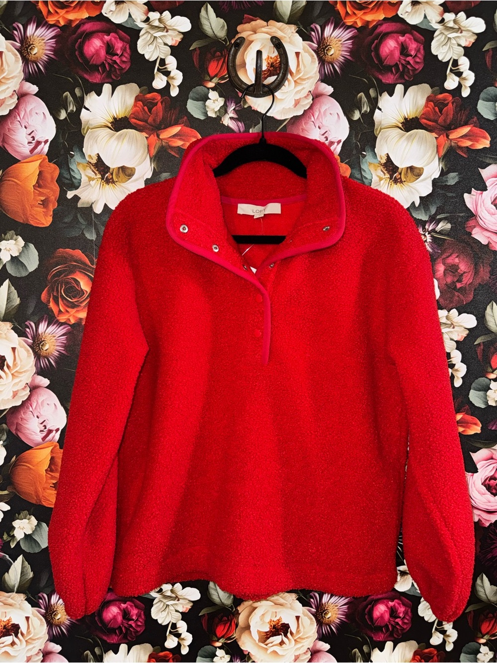 LOFT Bright Red Teddy Snap-Front Pullover, Small, NWT